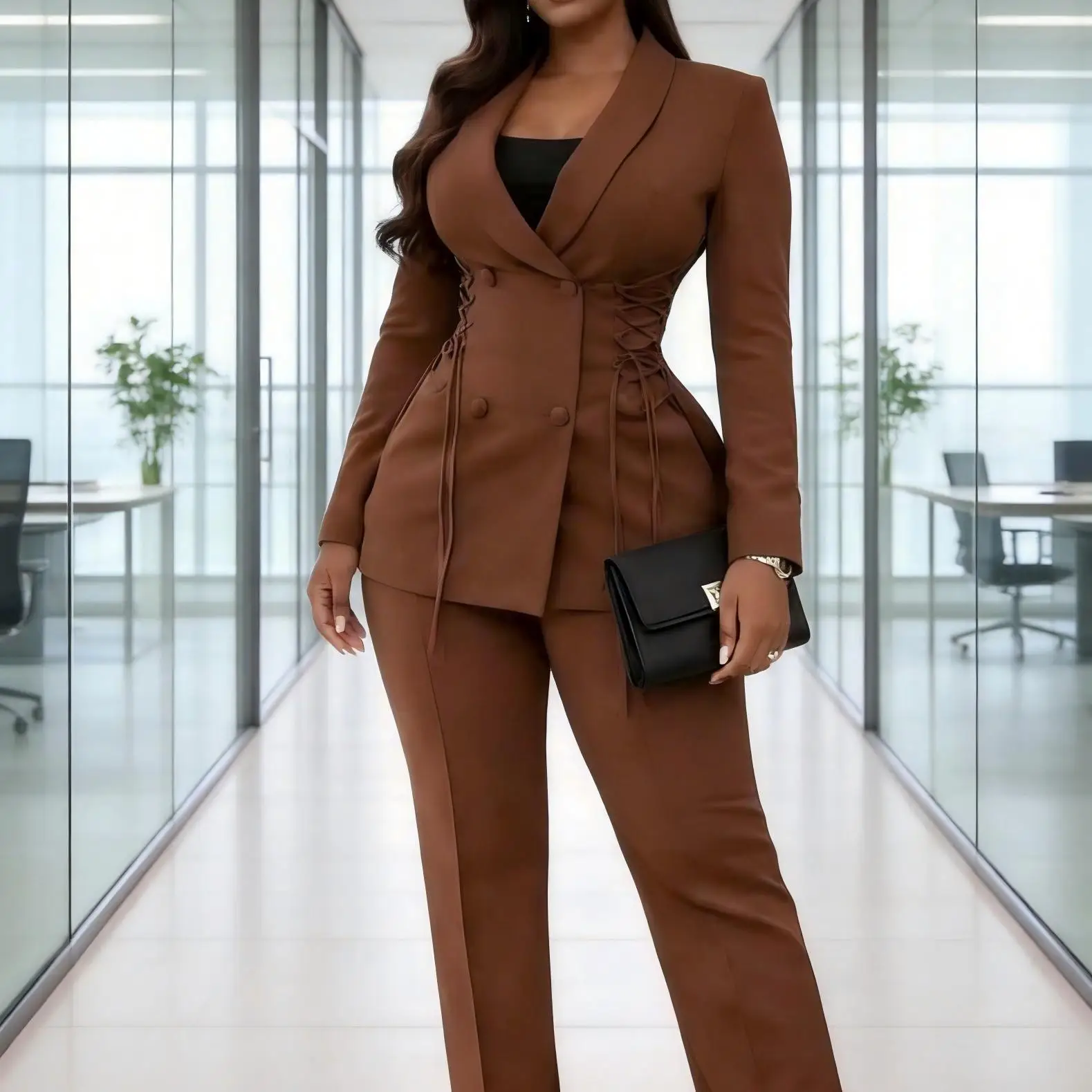 QMANSHA Plus Size Brown Corset Blazer Pants Suit for Women Double Breasted Lace Up Waist Matching Two Piece Formal Office Outfit