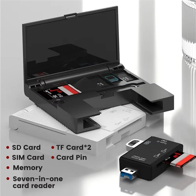 ABKI-7 In1 قارئ بطاقات متعدد الوظائف صندوق تخزين USB2.0 TF SD بطاقة الذاكرة حافظة مايكرو نوع C محول بطاقة صندوق تخزين B
