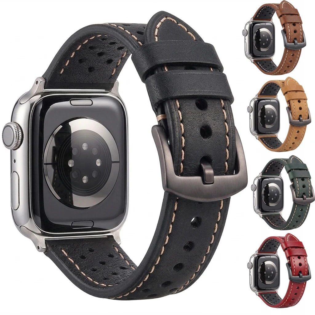 Perforiertes Rindslederarmband Kompatibel mit Apple Watch Series 11 10 Ultra 3 2 SE 9 8 7 6 Atmungsaktives Echtlederband