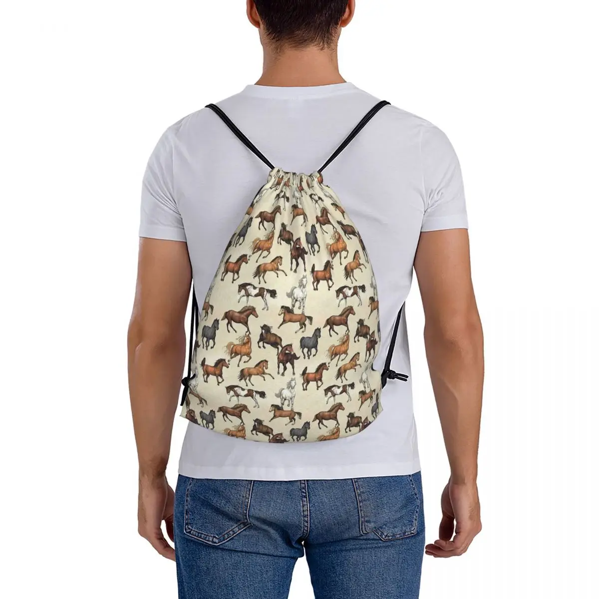 Mochila con patrón de caballo al atardecer, bolso con Cordón portátil informal, bolsa de almacenamiento con bolsillo, bolsa de libros para estudiantes de viaje