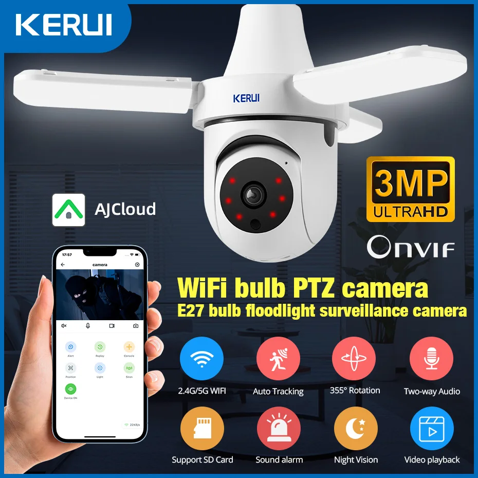 KERUI  5G/2.4G 3MP E27 Bulb Camera PTZ WiFi IP Camera with LED Light Indoor Home Security Surveillance AI Tracking Night Vision