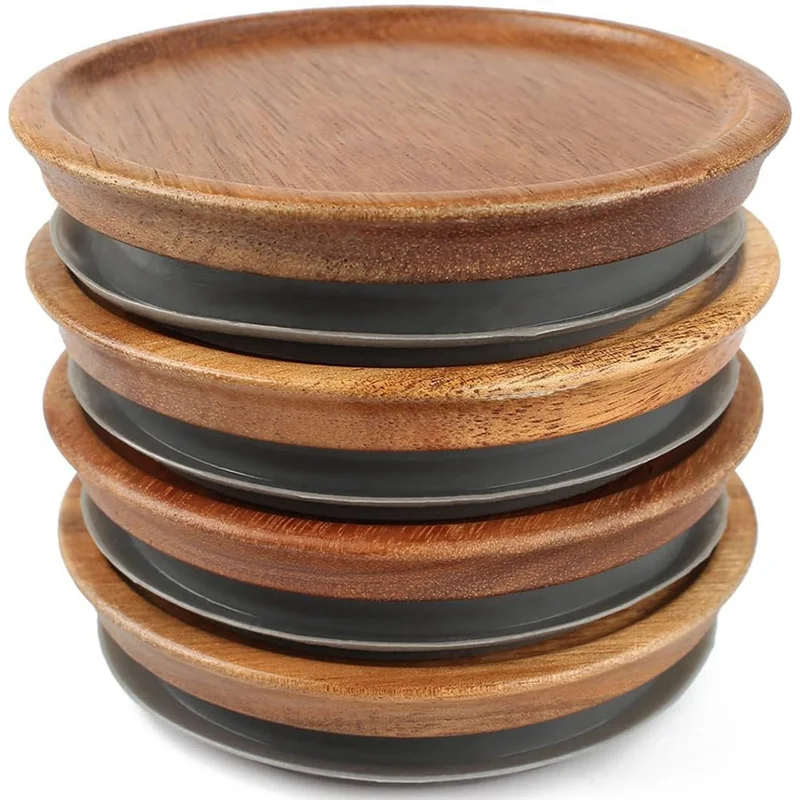 

P4-4PCS Wooden Jar Tops Canning Lids With Airtight Silicone Seal For Regular Mouth Jar