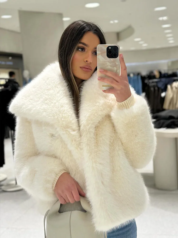 HH Chaqueta corta de piel sintética a la moda para mujer, abrigo de otoño e invierno con solapa, chaqueta gruesa y cálida de manga larga, prendas de vestir exteriores elegantes para mujer