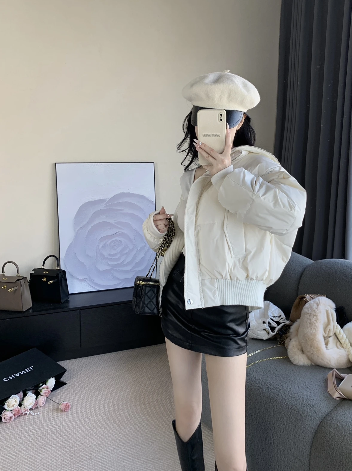Beloved Short Puffer Jacket Knitted Splicing Design Large Collar Bread Style Warm White Duck down Coat for Women Commute Style