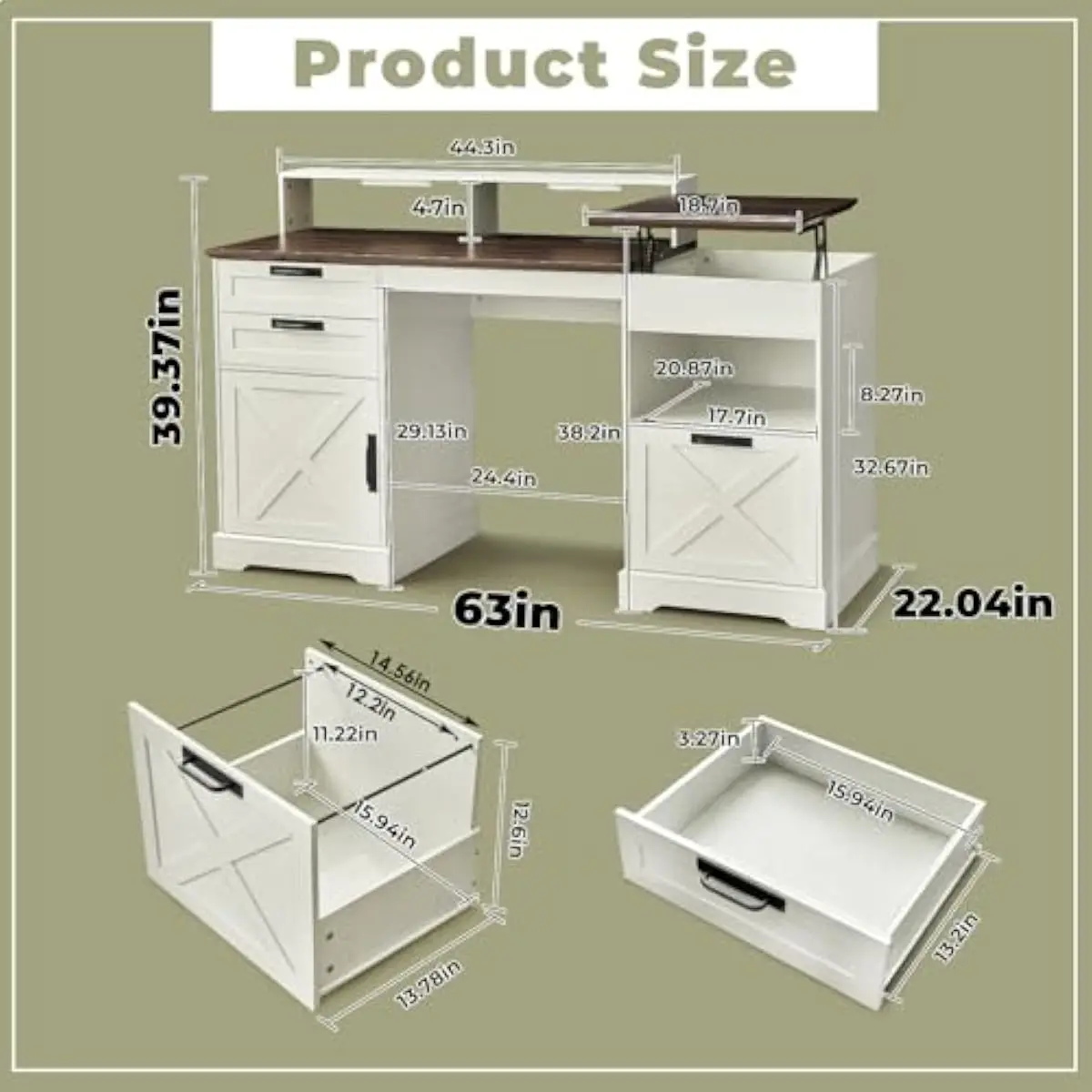 63 Inch Farmhouse Executive Desk Featuring Lift-Top Mechanism Adjustable Height Surface Magnetic Sensor Lighting Built-In USB An