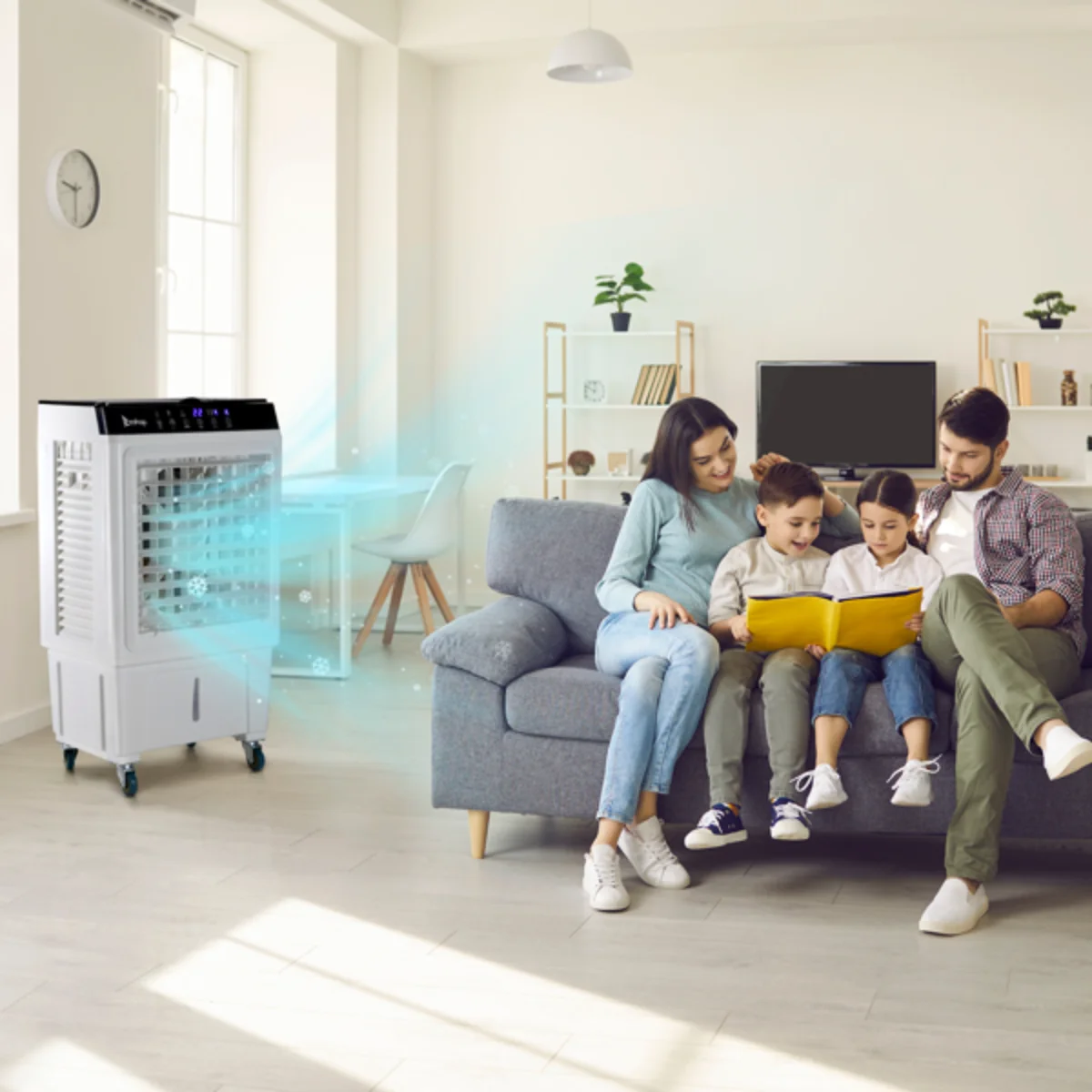 เครื่องทําความเย็นแบบระเหยแบบพกพา 3-in-1 - 2353CFM, ถัง 7.93Gal, รีโมท, ถุงน้ําแข็ง 4 ชิ้น (สีขาว)