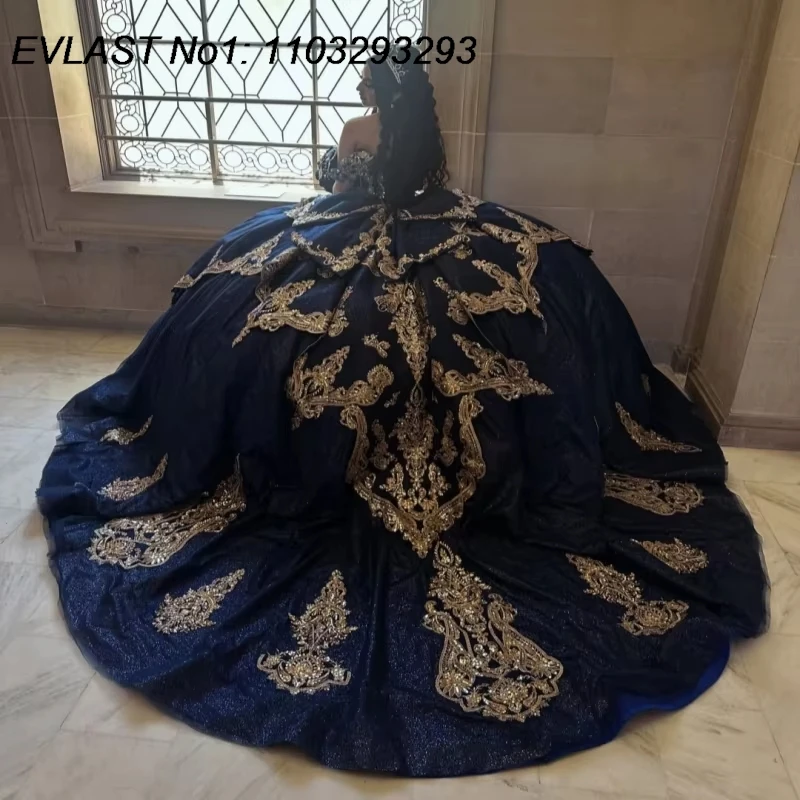 EVLAST Customized Glitter Navy Blue Quinceanera Dress Ball Gown Gold Applique Beading Mexican Sweet 16 Vestidos De 15 Anos AQ682