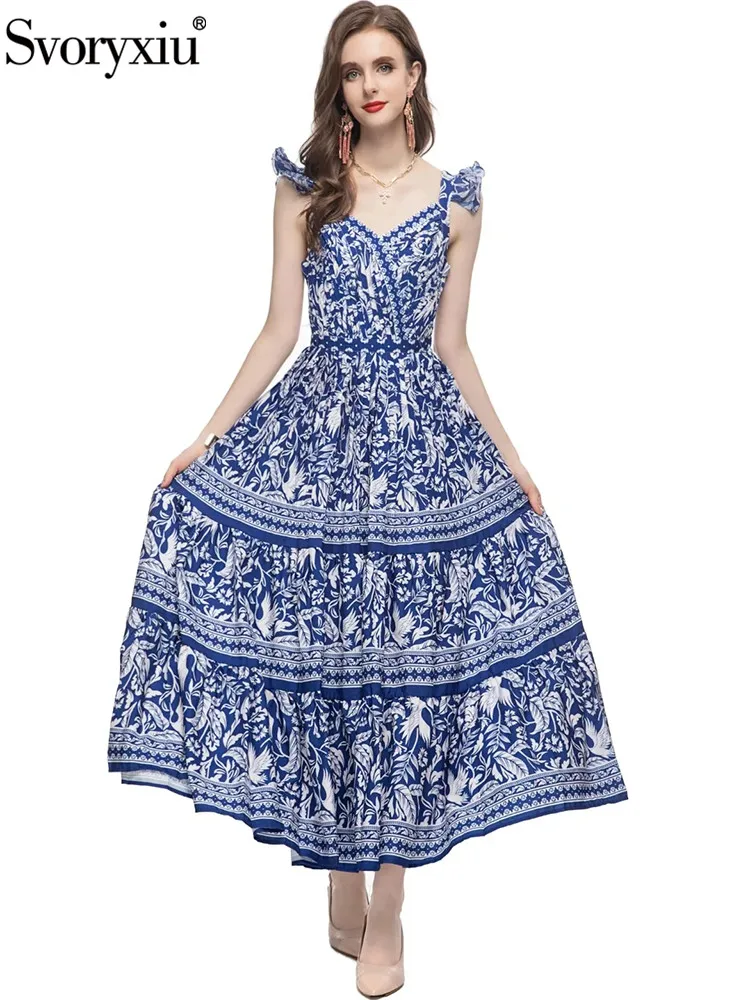 

Svoryxiu Summer Fashion Blue And White Porcelain Print Long Dress Women's Spaghetti Strap V-Neck High Waist Big Swing Dress