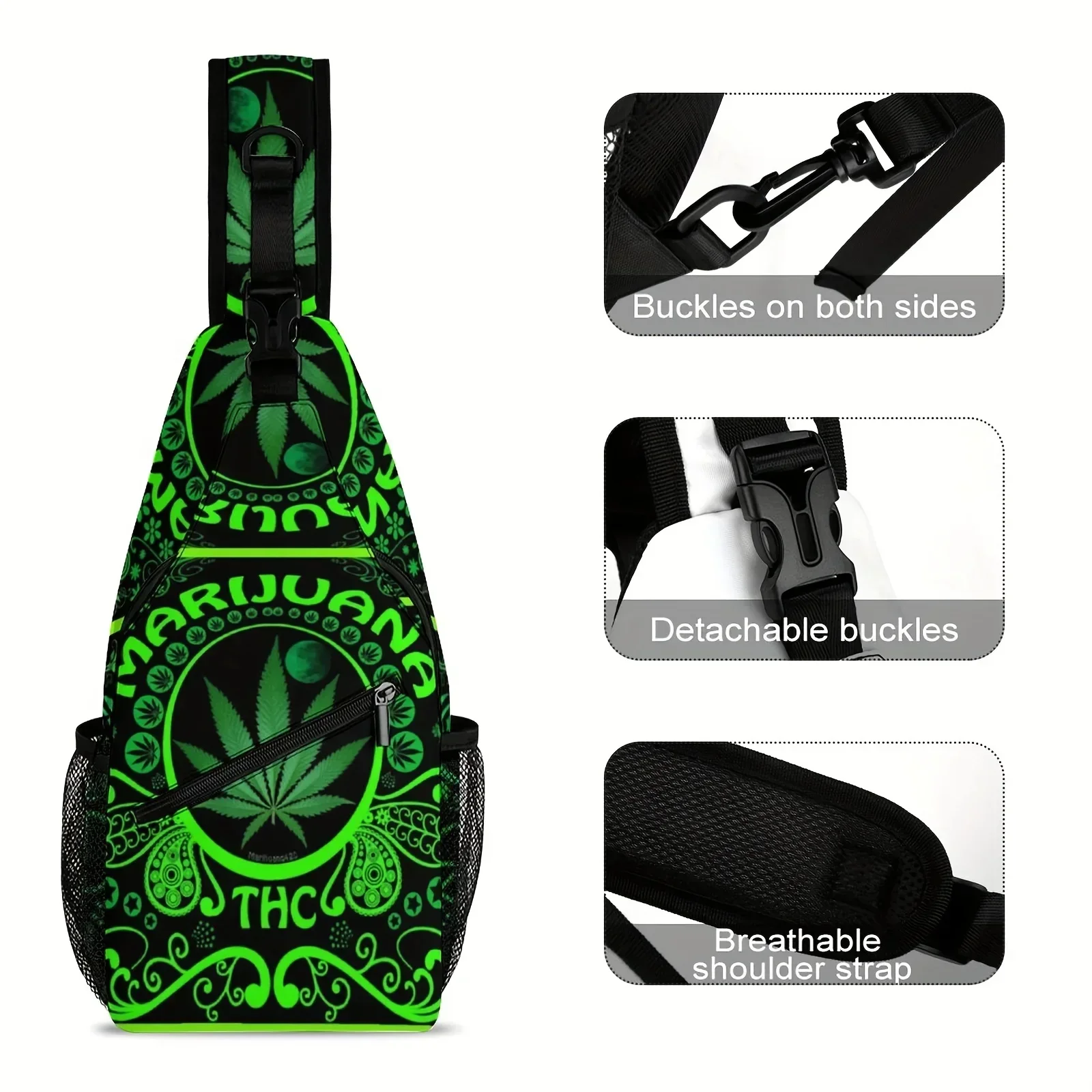 Custom Green Leaf Flag Weeds Large Men'S Crossbody Bag, Chest Bag, Stylish And Durable, Casual And Versatile Chest Bag