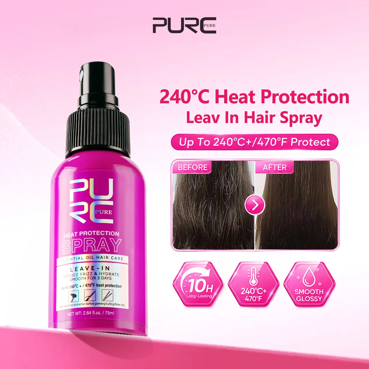 PURC Hair Heat Protectant Spray Long-lasting Protection Up to 470°F Deeply Moisturizes Hair,Coconut Oil Frizz Control & Shine