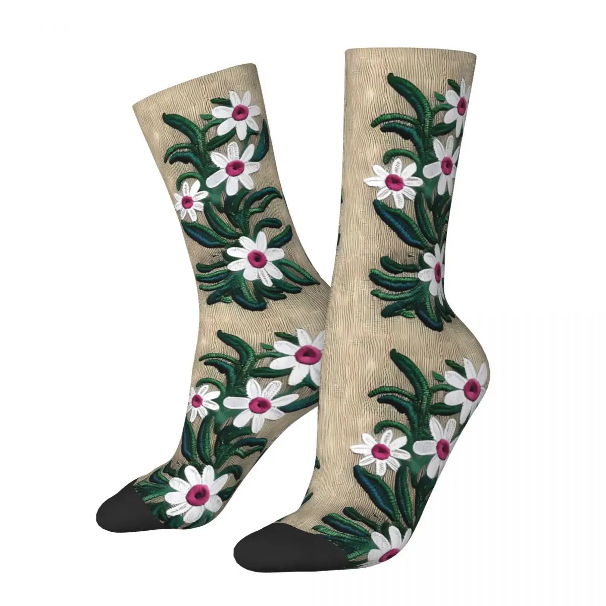 

White Swan River Daisy Flower Embroidery Flowers Socks Male Mens Women Summer Stockings Polyester