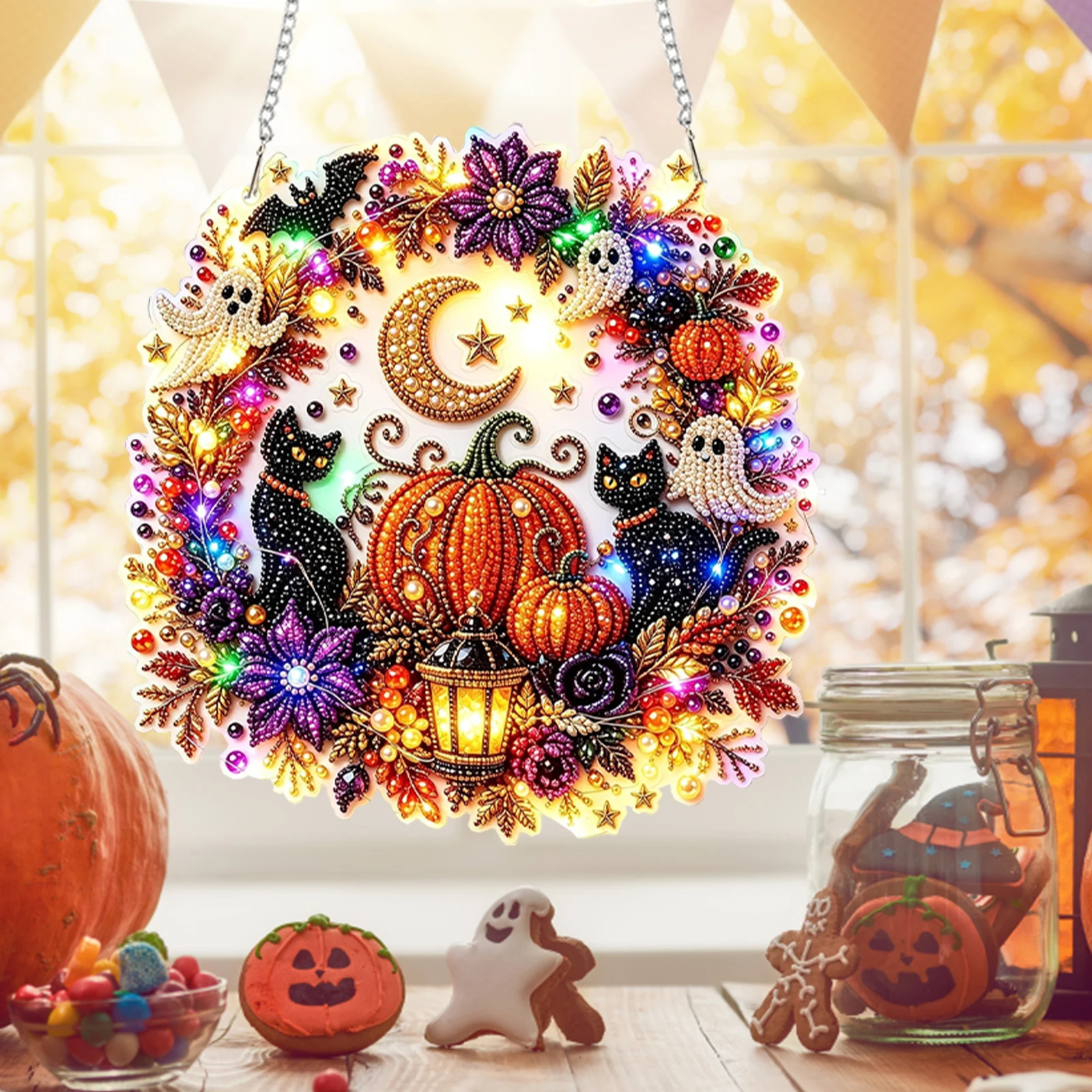 Halloween DIY Diamond Painting Light Up Wreath 25cm Double Sided PET LED Craft Decoration Kit
