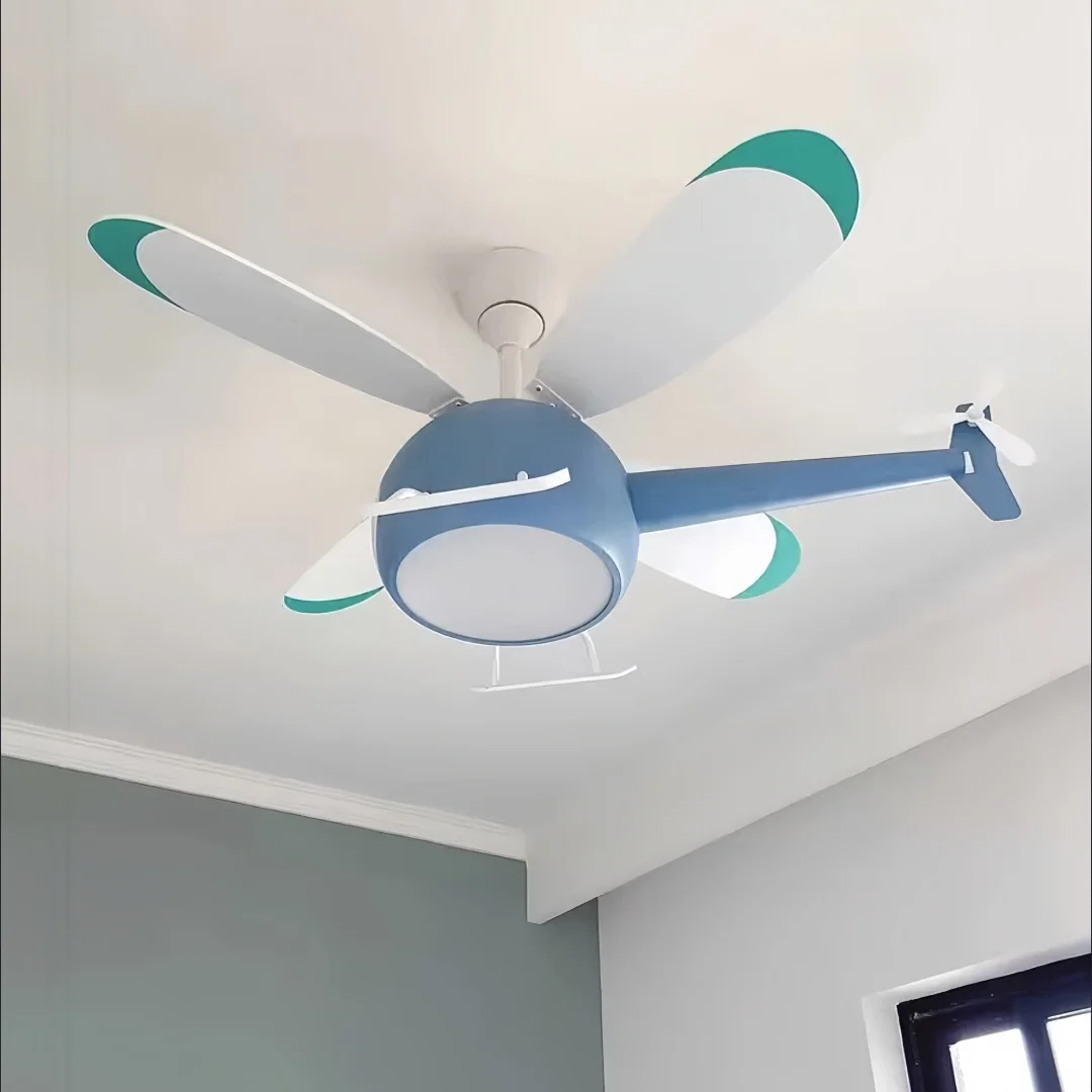Dimmable Kids Helicopter Ceiling Fan Light Cartoon Aircraft LED Chandelier Silent Fan Lighting Fixture for Child Bedroom
