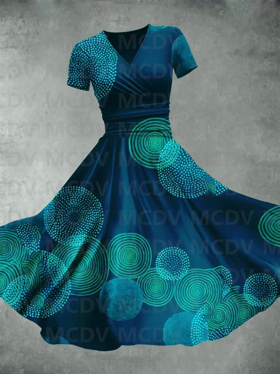 Women's Retro Abstract Art Geometric Print Swing Long Dress 3D Printed Sexy V-neck Dress Female Dresses