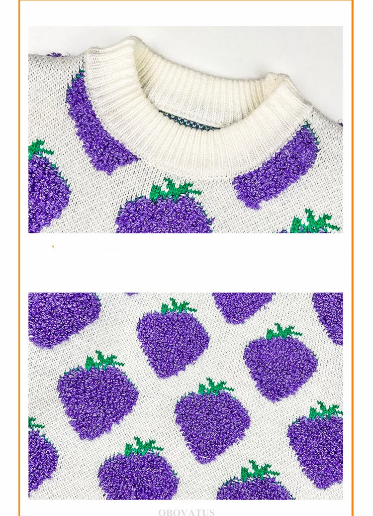 Schmal geschnittener Kinderpullover in Lila mit Erdbeer-Motiv für Mädchen, neue Frühlings- und Herbstkollektion, gestrickte Kleidung, Kindermode, Strickwaren, Alter 4 bis 13 Jahre. – Detail 14