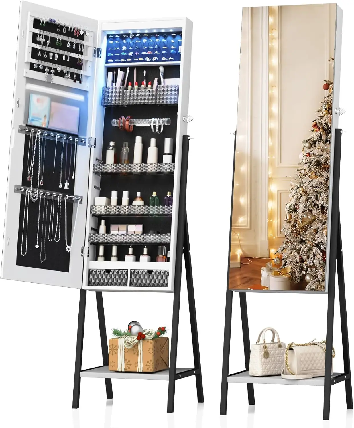 Jewelry Cabinet Standing with LED Lights, Full Length Mirror with Storage Lockable Makeup Jewelry Armoire with 2 Drawers Large S