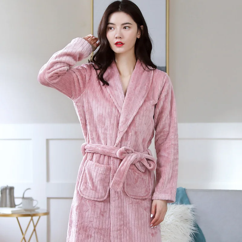 Long Sleeve Plush Bathrobe Kimono Couple Flannel Bathrobe Winter Sleepwear Fleece Nightwear Peignoirs Thick Warm Homewear