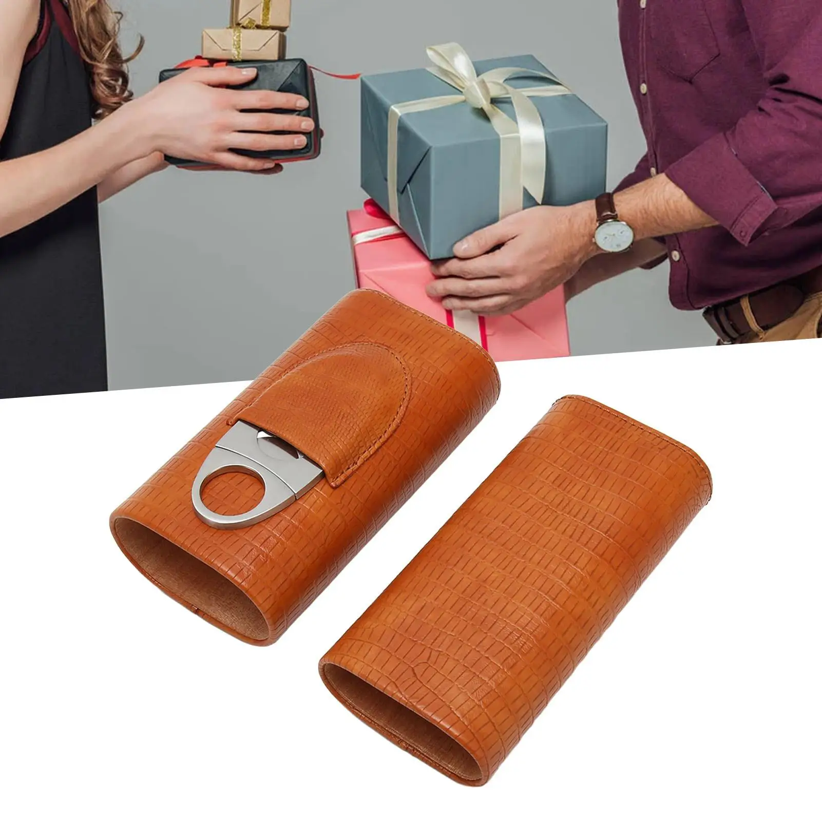 Portable 3 Finger Cigar Case with Cedar Wood Lining & Cutter - Stylish Faux Leather Holder Box for men - Brown