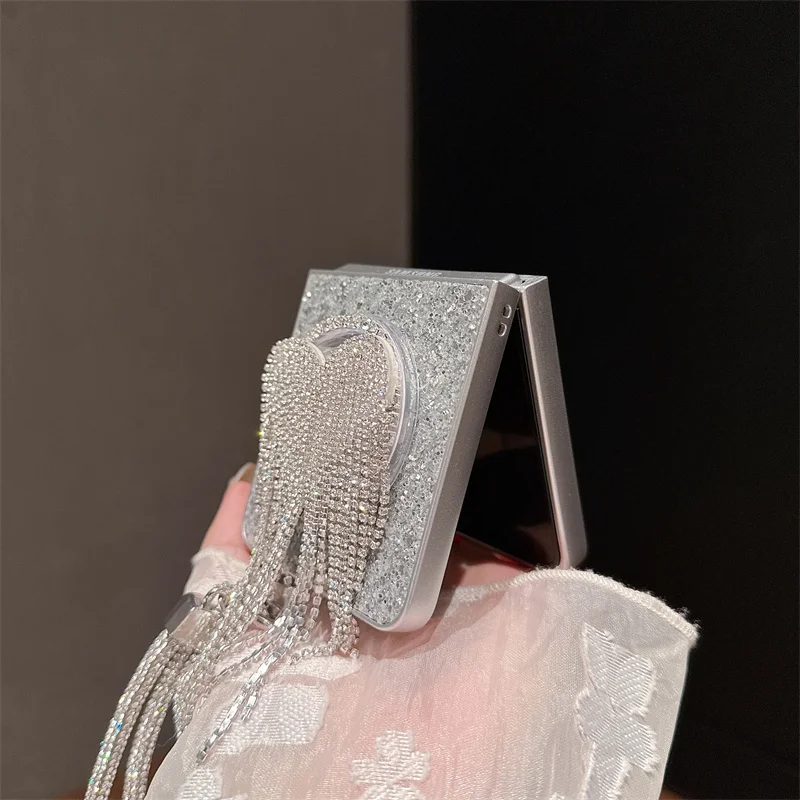 الماس شرابة القلب حامل المغناطيسي قضية الهاتف لسامسونج غالاكسي Z فليب 7 6 5 4 3 Flip6 Flip7 غطاء مع سلسلة ل Magsafe كابا