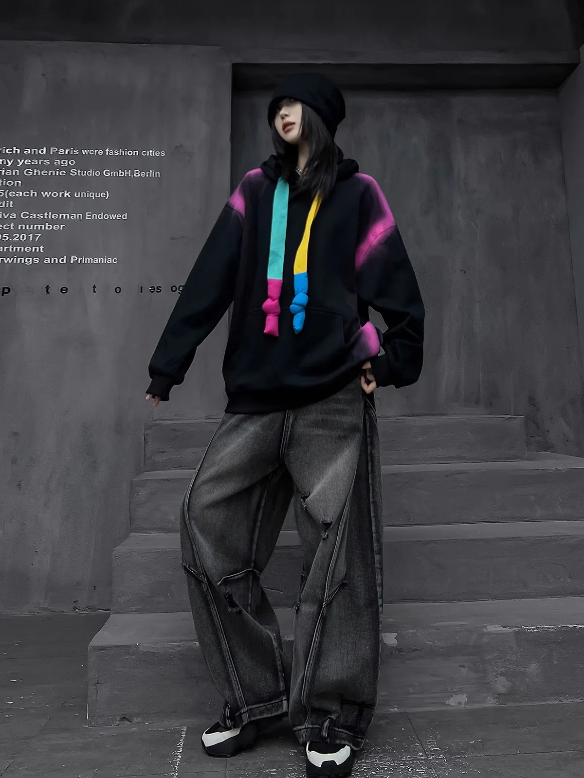 

M-Home Модный бренд Cool And Fre Женская осенняя длинная толстовка с капюшоном Джинсы Широкие брюки Комплект из двух предметов Street Sle Faion
