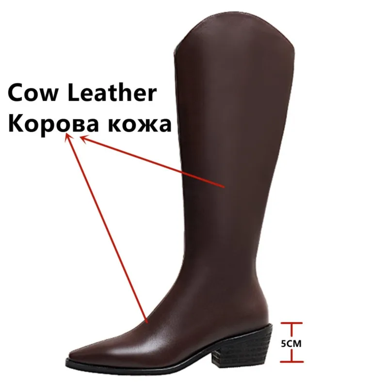 Dilalula Women Genuine Leather Knee-High Boots Thick Heels Side Zipper Autumn Winter Office Lady Working Riding boots