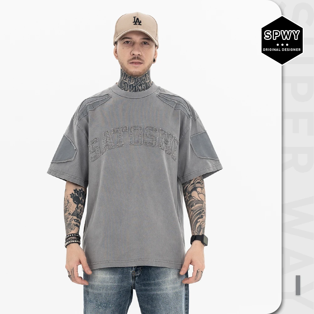 

Superway Original Niche Mens T-Shirts Embroidery Patchwork Washed Casual Short Sleeves Tops Ripped Loose Summer High Street Tees