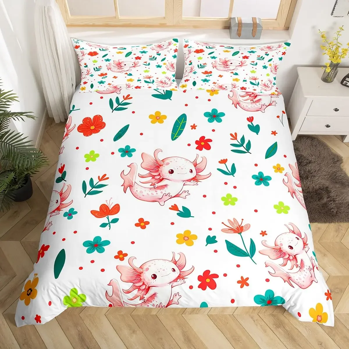 Axolotl Duvet Cover King Queen Cartoon Animal Flowers Bedding Set Microfiber Comforter Cover Colorful Floral Leaves Quilt Cover