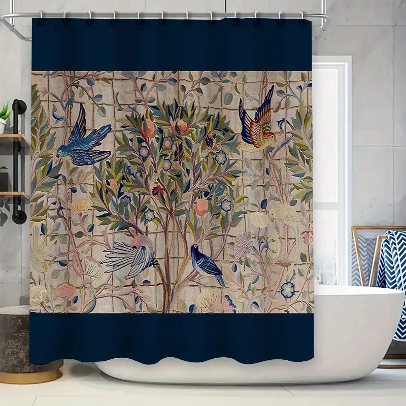 ستارة دش نباتية عتيقة نمط طيور الغابات قابل للغسل ديكور الحمام المنزل ريفي مزرعة طبيعة تحت عنوان خلفية #1