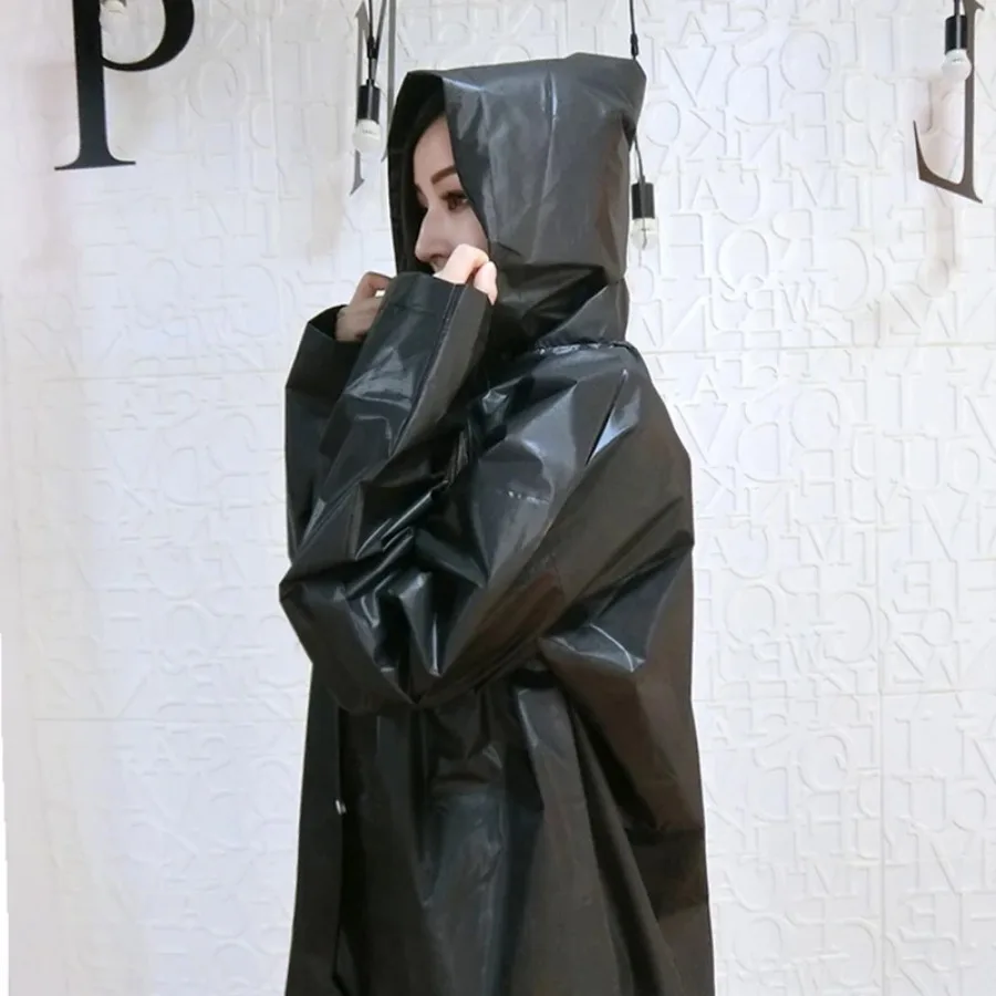 Portable lightweight reusable eva jacket hooded poncho knee-high camping Hike Adult Teen raincoat black