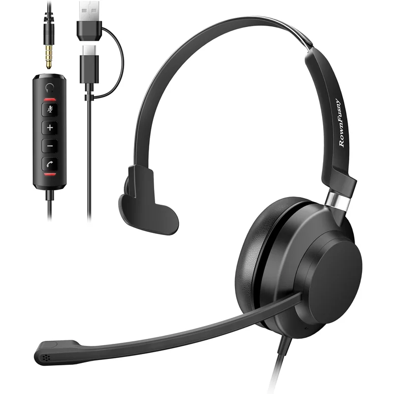 RownFusny USB Headset with Mic for PC & Laptop Noise Reduction on-Ear Wired Headphones for MS Teams,IP Phones,Work,Zoom,Skype