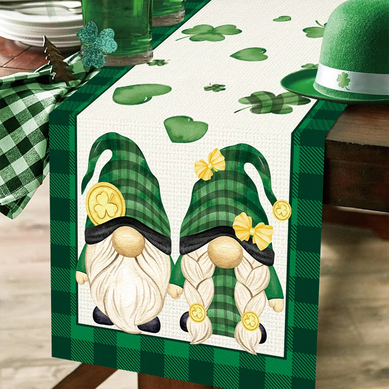 1pc 180x35cm St. Patrick's Day Gnomes Clover Vinyl Table Runners Scarve Table Decoration Farmhouse Dining Party Photography Prop