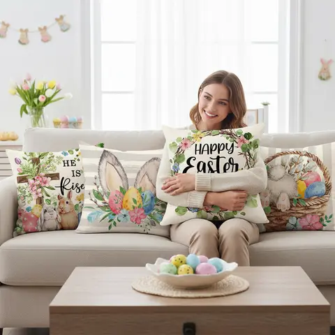 Easter Bunny Eggs Throw Pillow Covers Set of 4 Couch Pillows He Is Risen Bunny Floral Eggs Farmhouse for Living Room Sofa Couch