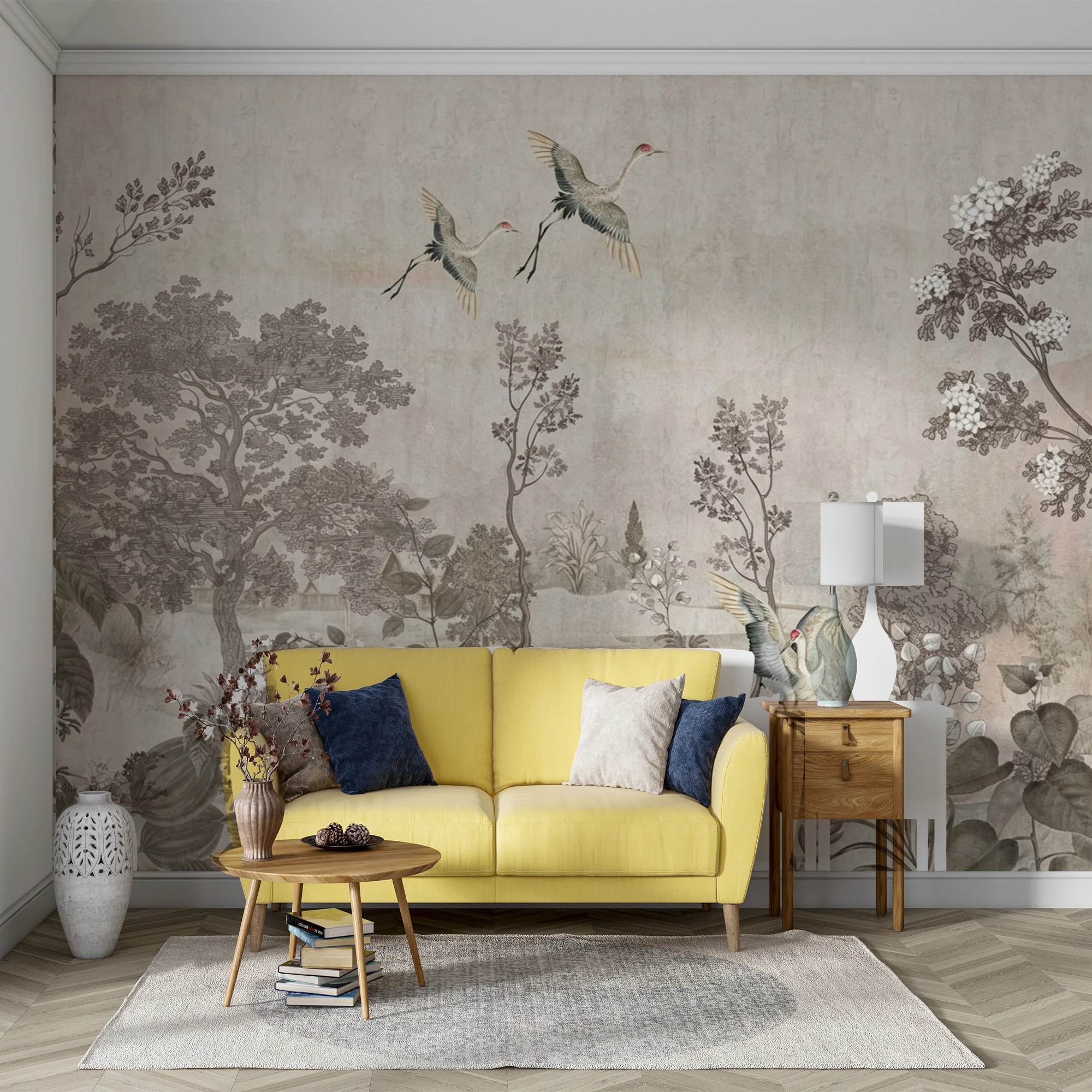 Custom Vintage Crane Bird Mural Wallpaper Oriental Forest Floral Scenery Wall Paper for Living Room Bedroom Home Decor