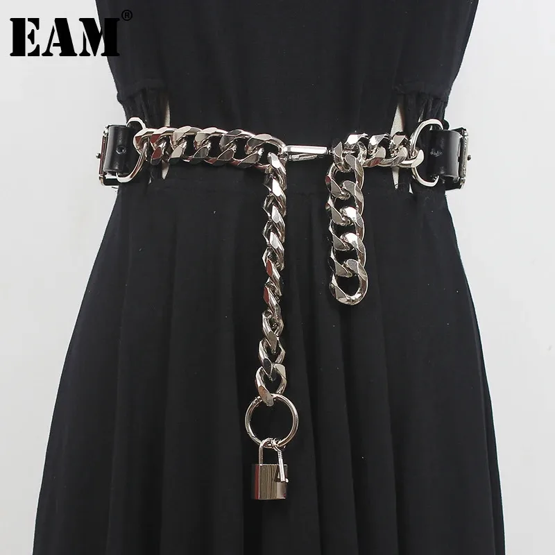 [EAM]  Pu Leather Black Thick Metal Chain Long Wide Belt Personality Women New Fashion Tide All-match Spring Autumn 2025 1DD9566