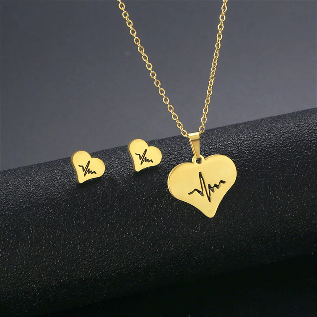 Small Tiny ECG Love Heart Pendant Earrings Set Female Gold Color Stainless Steel Nurse Necklace For Women Fashion Jewelry Setss