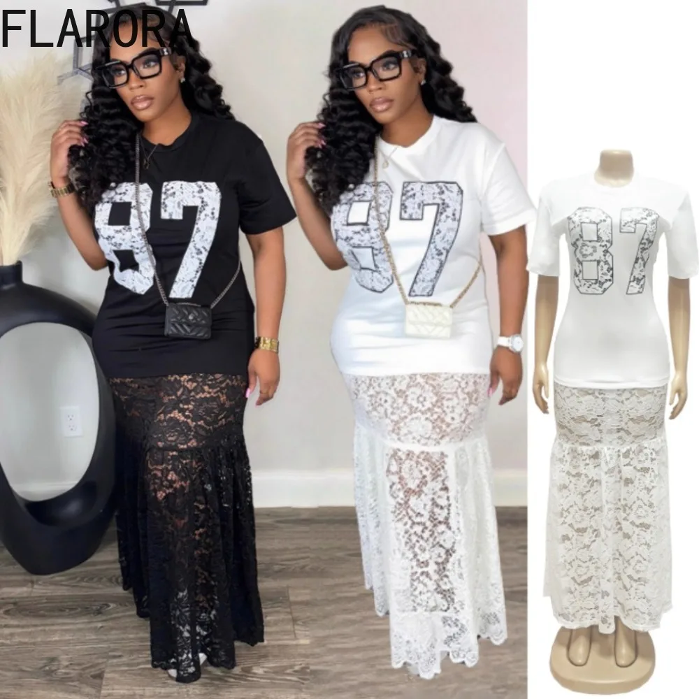 

FLARORA Elegant Lace Patchwork Perspective Dress Woman Round Neck Short Sleeve Letter Printing Long Dresses Sexy Party Clubwear