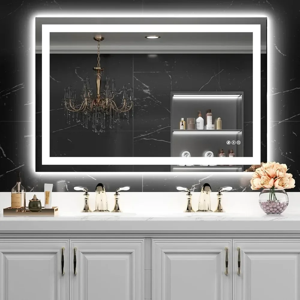 LED Mirror for Bathroom, Frontlit & Backlit LED Bathroom Mirror with Anti-Fog, 3 Colors Dimmable, Memory Function Tempered Glass