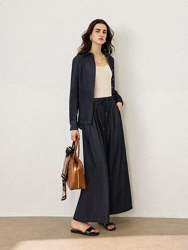 

Fashionable Breathable Denim Cotton Top Wide Leg Pants Set Comfortable Stylish Autumn Wear for Women 25-35 Years Old