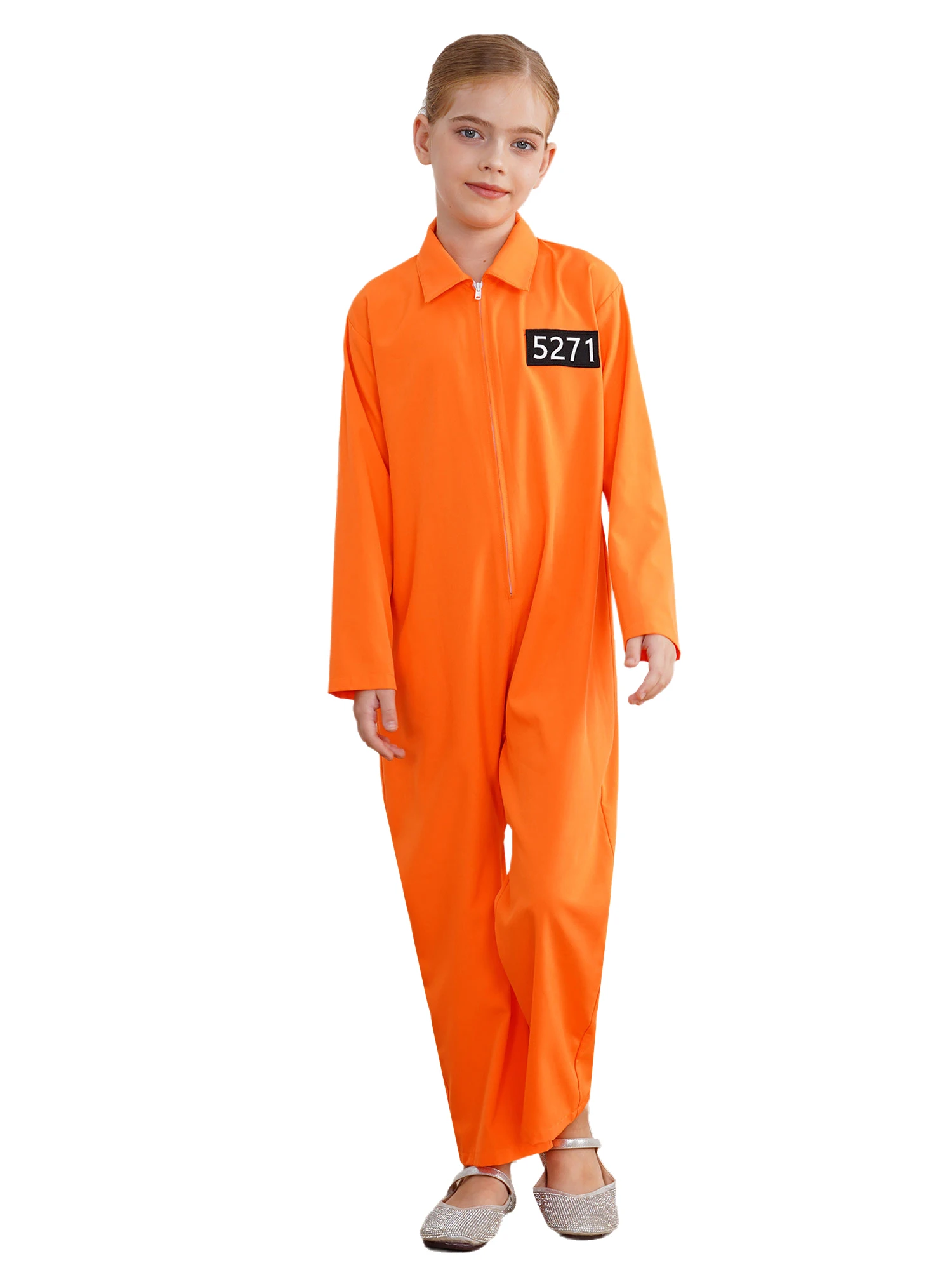 Kids Prisoner Costume One Piece Long Sleeve Prisoner Jumpsuit Jailbird Inmate Prison Uniform Party Halloween Cosplay Costume