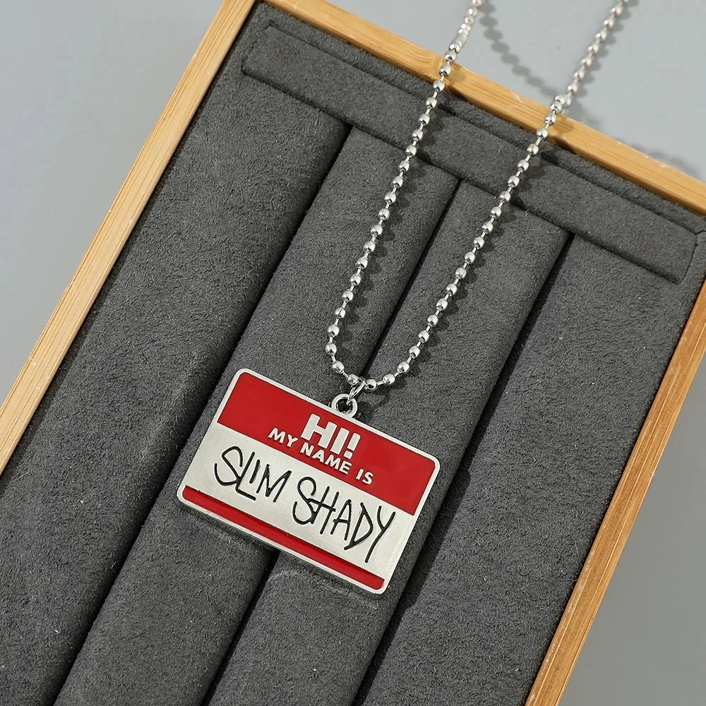 Trendy Necklace Cool Hi My Name Is Slim Shady Square Pendant Necklaces for Men Boy Accessory Bead Chain Jewelry Gifts for Friend