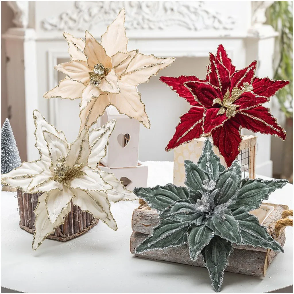 26cm Christmas Simulated Flower Red White Golden Glitter Flower Xmas Tree Artificial Flower Noel Merry Christmas Ornaments