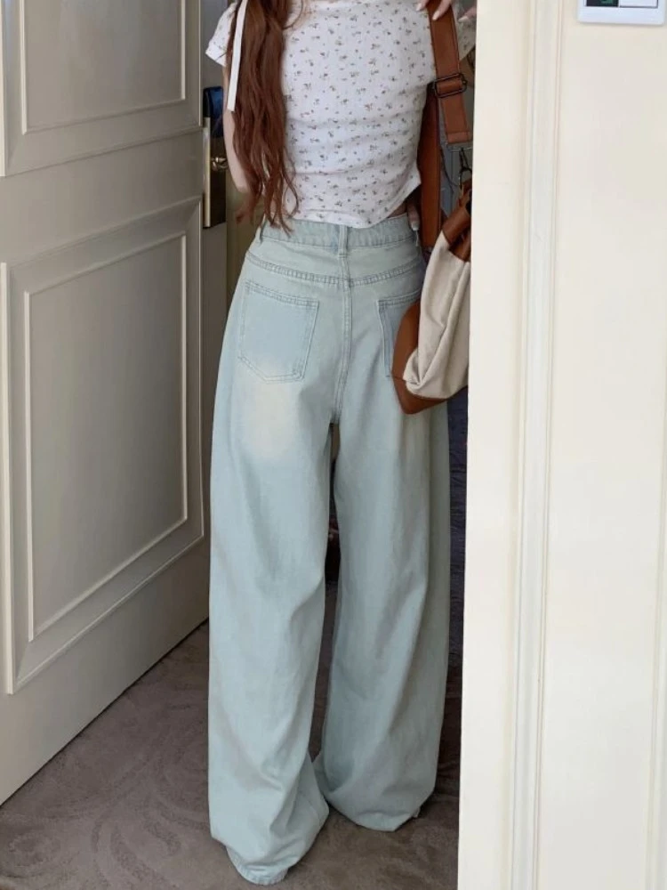 Long Jeans Women New Summer Vintage Bleached Design Loose Wide-leg Trousers Ulzzang Street Style Basic College Harajuku Popular