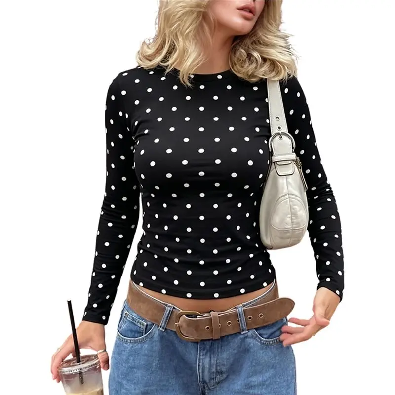 Polka Dot Tops For Women Y2K Long Sleeve Crop Top Vintage Slim Fit Crew Neck Going Out Streetwear Eco-Friendly