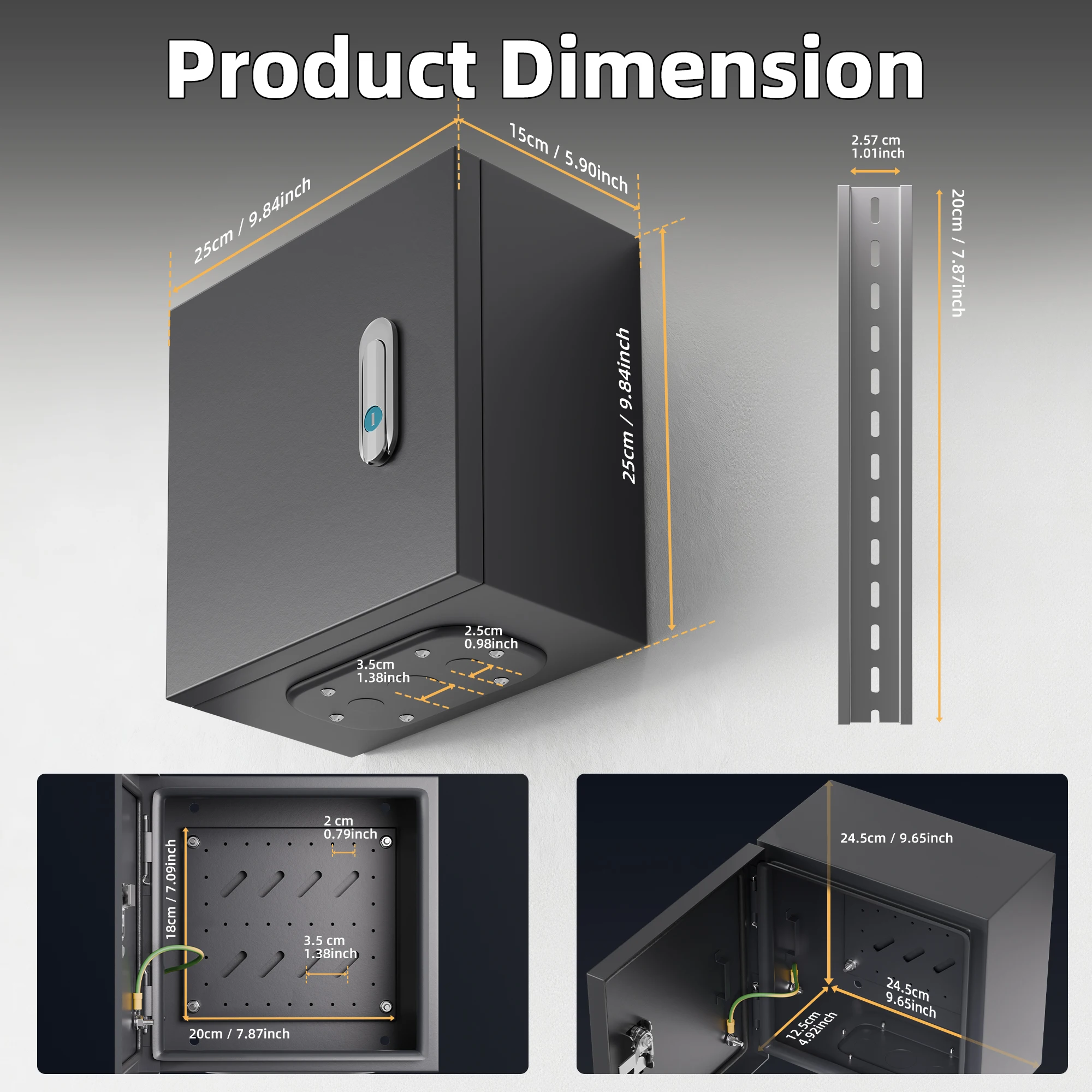 250*250*150MM Small Black Rectangular Metal Waterproof Junction Box Ip65 Enclosure with Lock DIN Rail Cable Gland