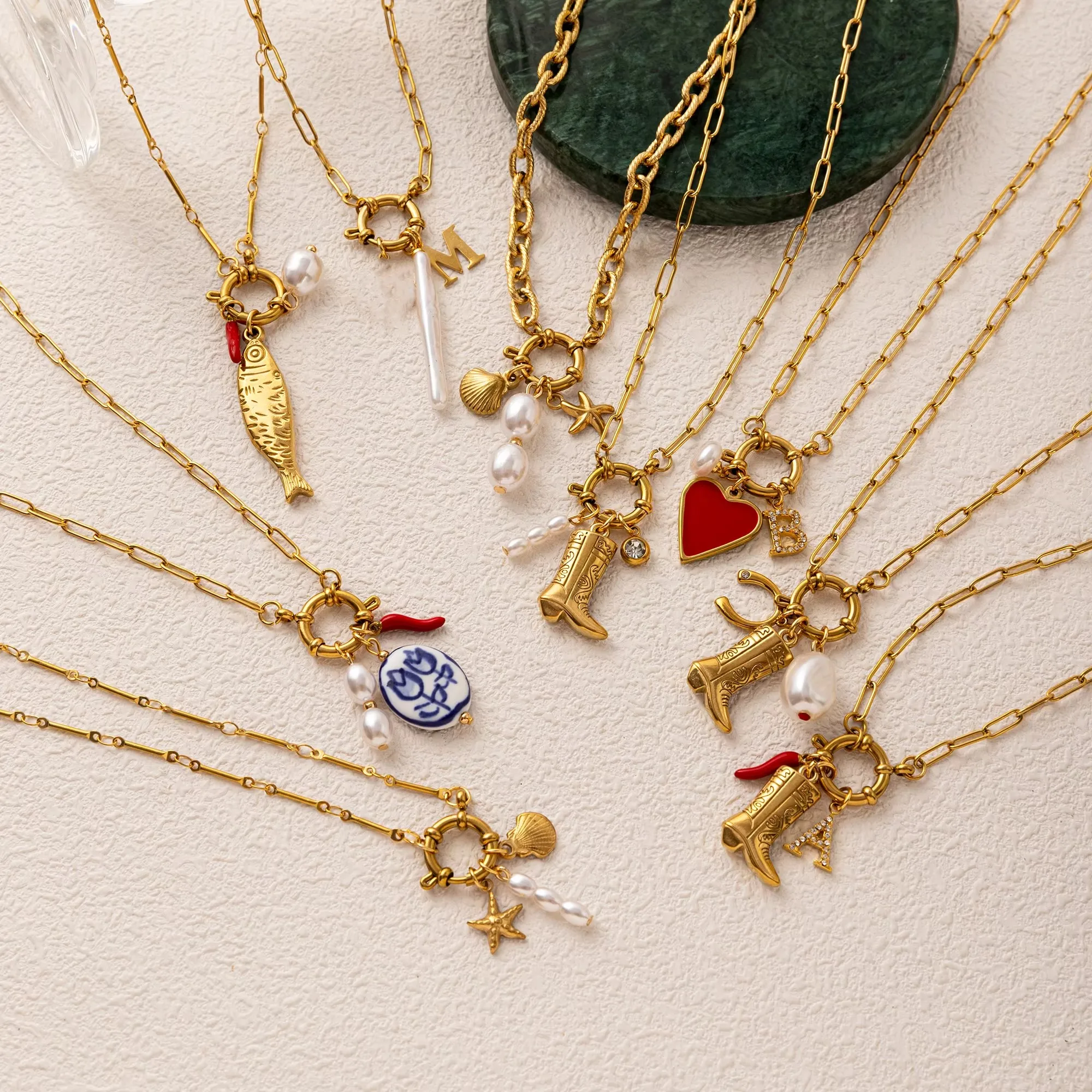 

Retro Fish Boots Flower Loop Necklace with Multiple Pendants DIY Boots Love Pearl Plated 18K Gold Color Preserving
