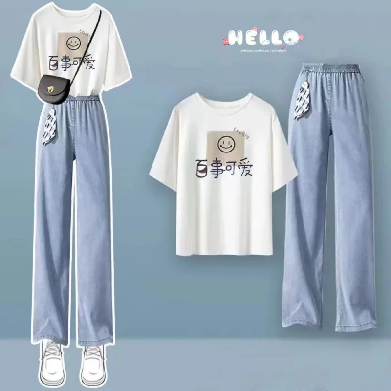 2024 Summer New Suit Women\'s Korean Version Loose Short Sleeve T-Shirt Wide-leg Jeans Fashion Two-Piece Set