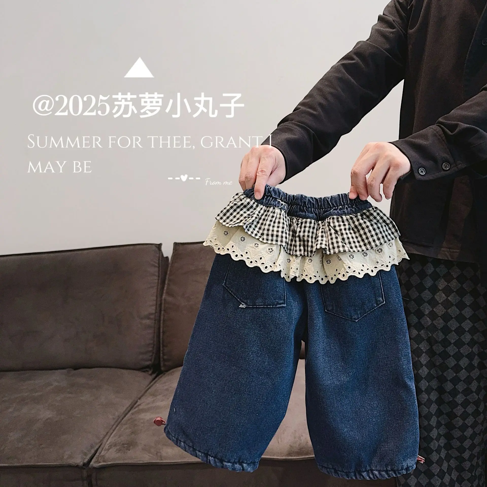 2025 Autumn and Winter 0-4 Year Old Girls and Children Baby Velvet Thickened Lamb Wool Foreign Style Lace Jeans Trousers