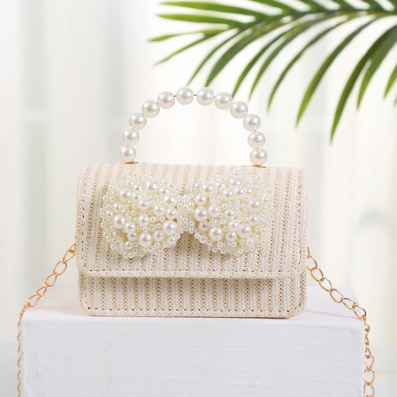 Cute Lace Bow Flower Mini Handbag Children Girls Straw Small Shoulder Bag Simple Pearl Princess Coin Purse Ladies Messenger Bag