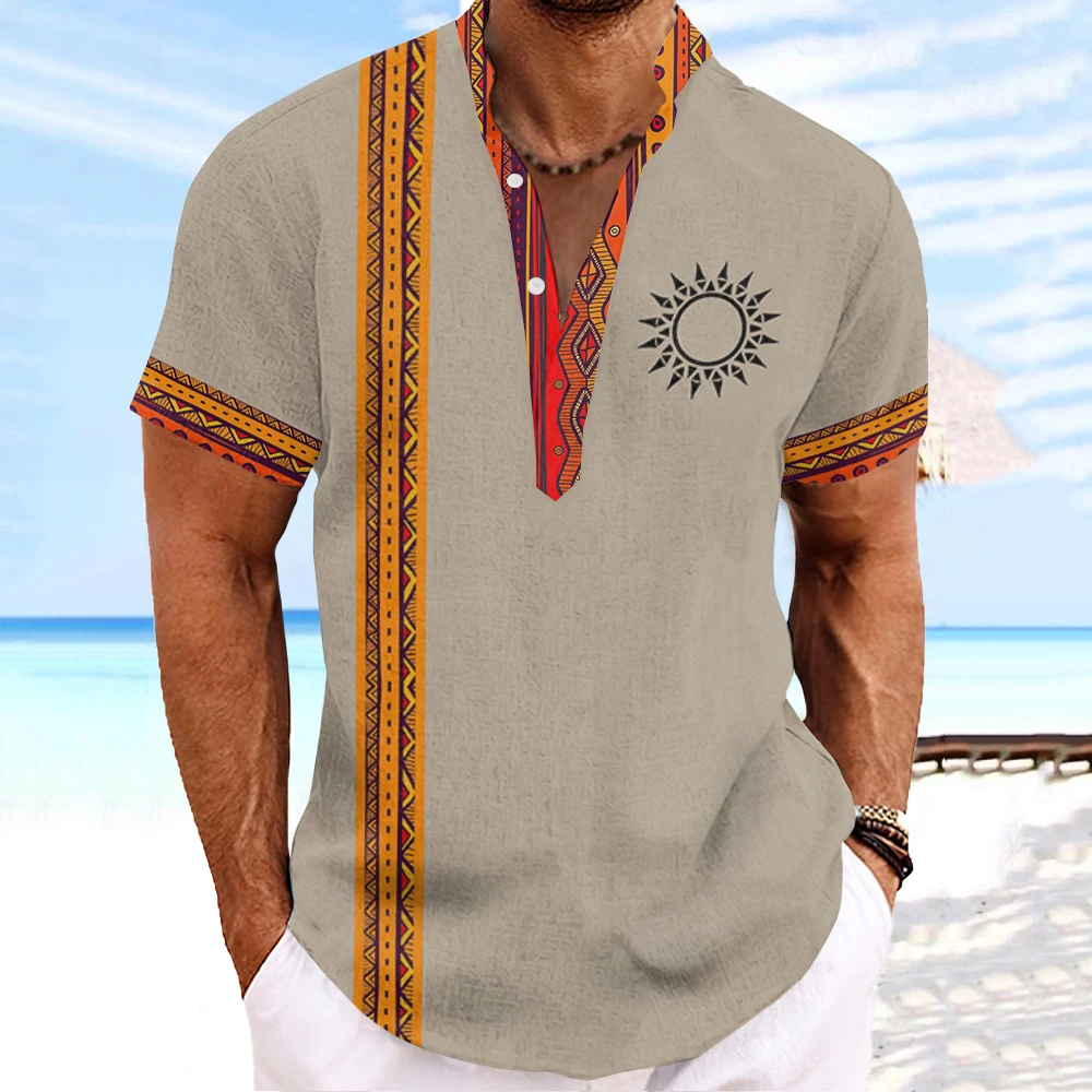 

Vintage Henley Men T-Shirt Ethnic Streetwear For Male 3d Tribal Style Clothing Oversized Short Sleeve Top Summer Hawaiian Shirts