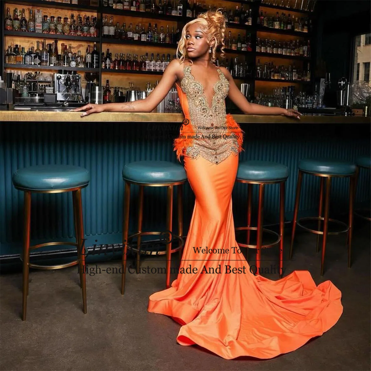 Crystal 2024 Luxury Orange Sequin Prom Dresses 2024 For Black Girl Rhinestone Mermaid Evening Party Gown Formal robe chic soirée